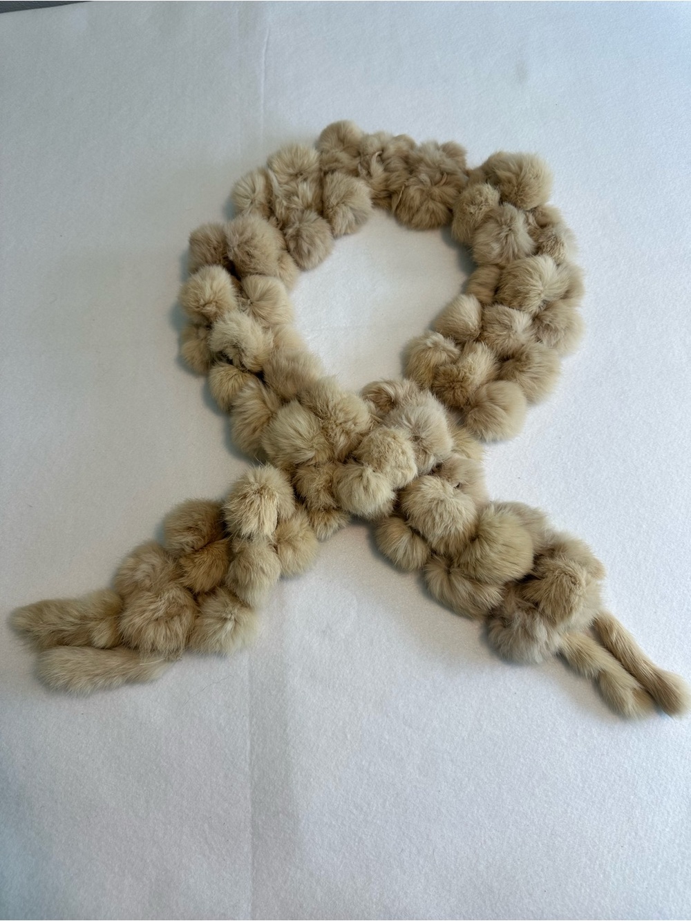 Vintage Real Fur Pom Pom Scarf Beige Tan Plush Winter Stole Accent Tassels
